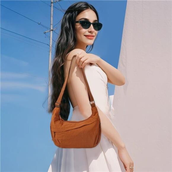 Crescent Bags Nylon Hobo Bags Camel - Picture 5 of 7